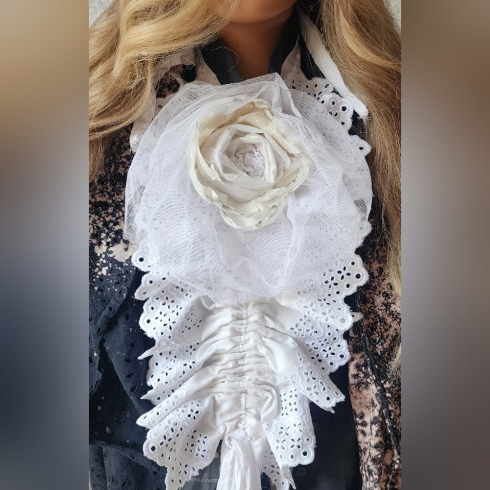 Vintage Cotton Lace Accessories Jabot Tie Tulle White Camellia Flower Rose
